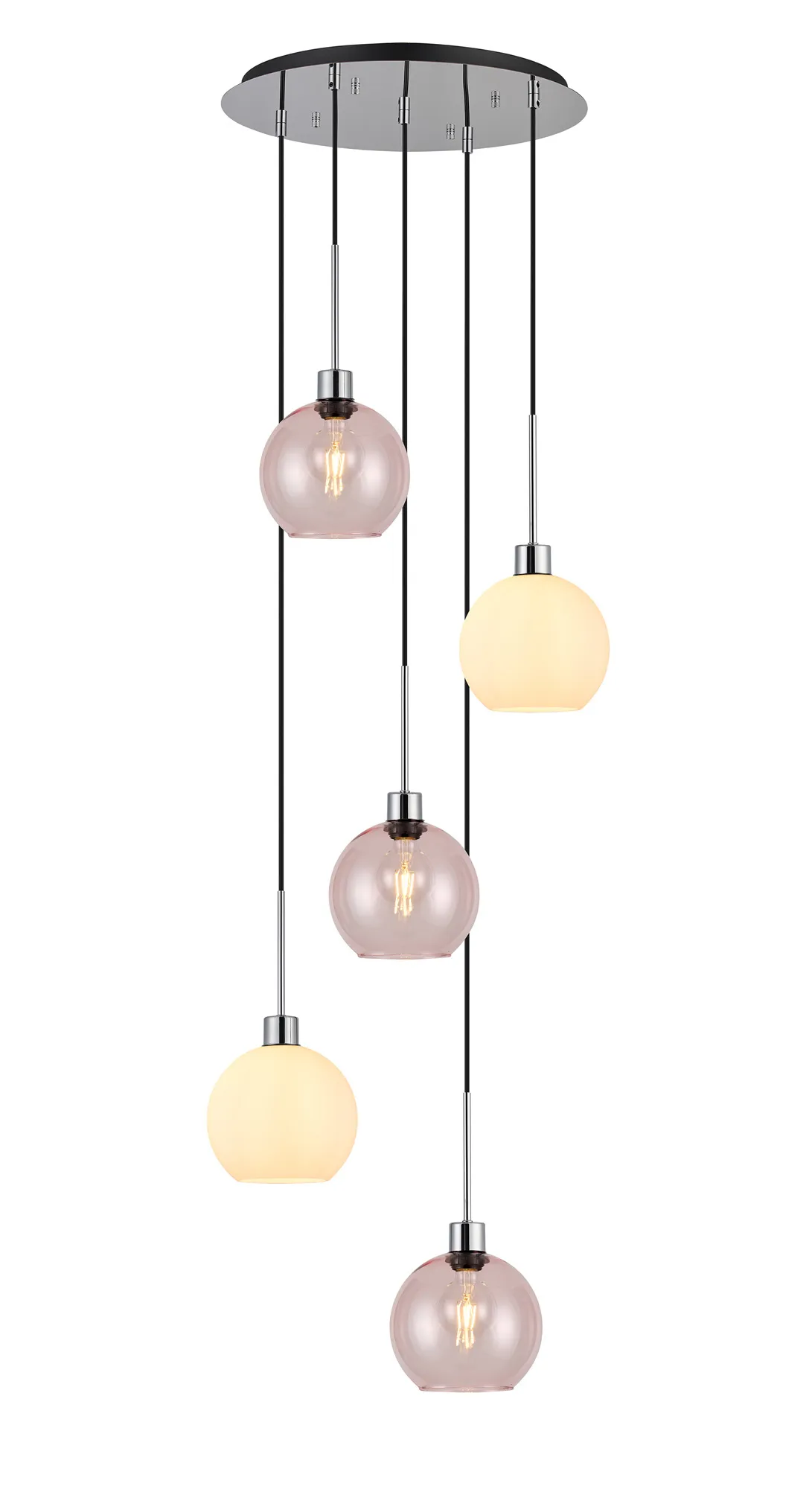 DK1289  Lori 45cm Round Pendant, 5 Light Adjustable E27, Polished Chrome/Opal/Pink Open Mouth Round Globe Shades